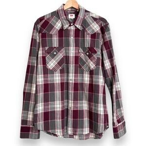 Levi's Burgundy and Gray Plaid Pearl Snap Western Shirt Men's Size M